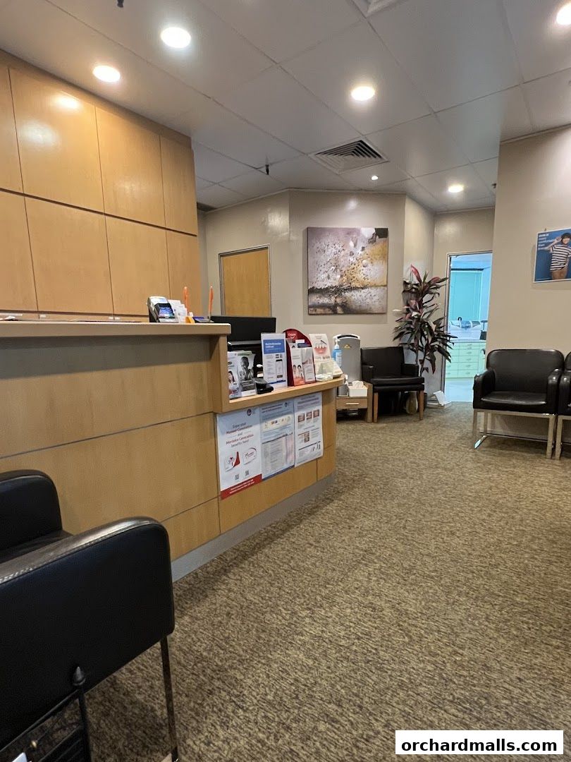 Interior view of a dental surgery reception area with a wooden counter and seating.