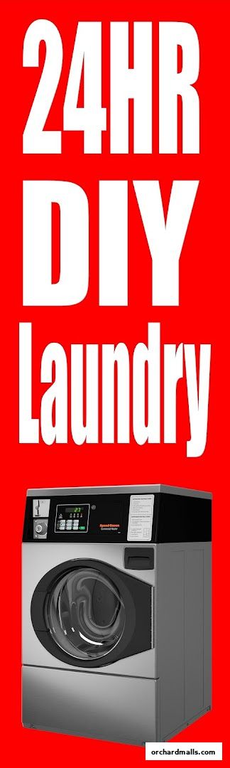 A commercial washing machine with '24HR DIY Laundry' text on a red background.