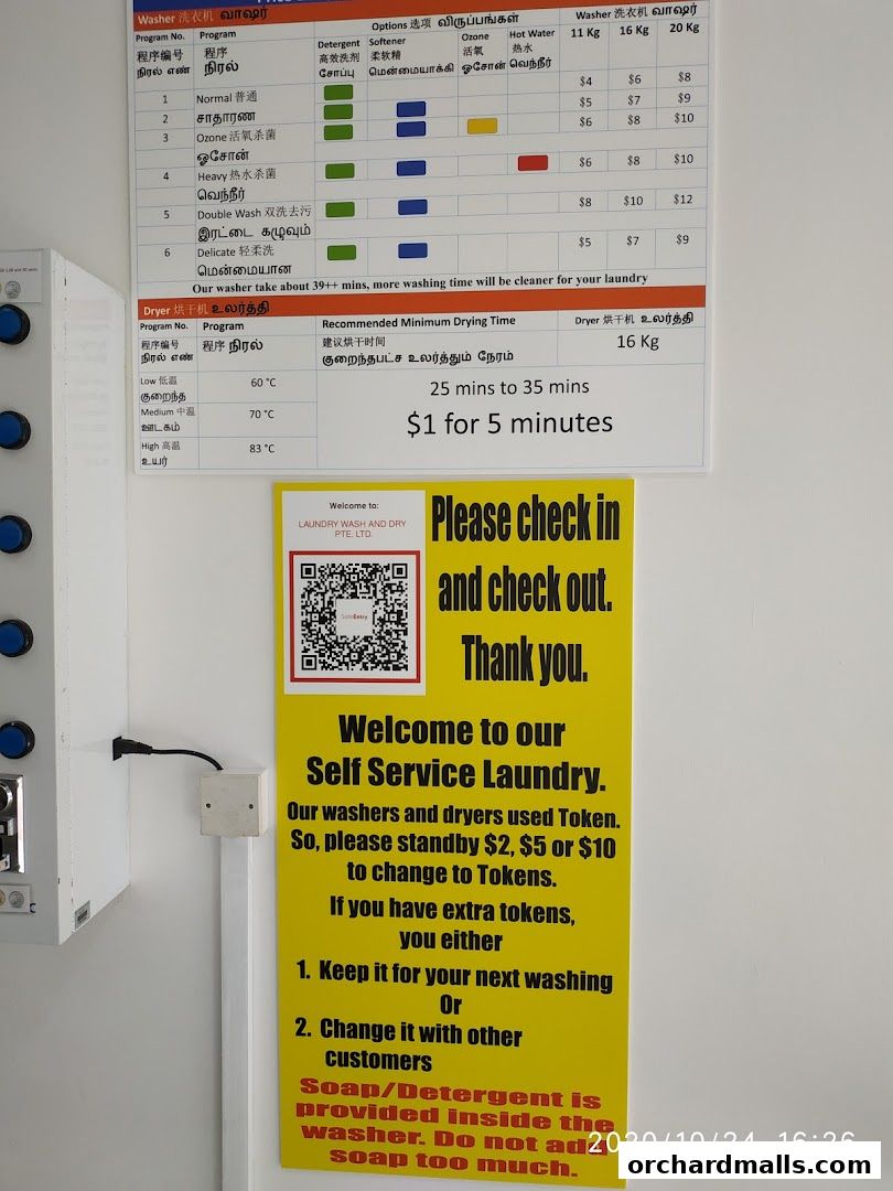 A price list and instructions for a self-service laundry facility.