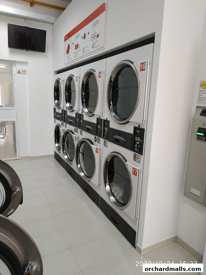 Interior view of a laundromat with rows of washing and drying machines.