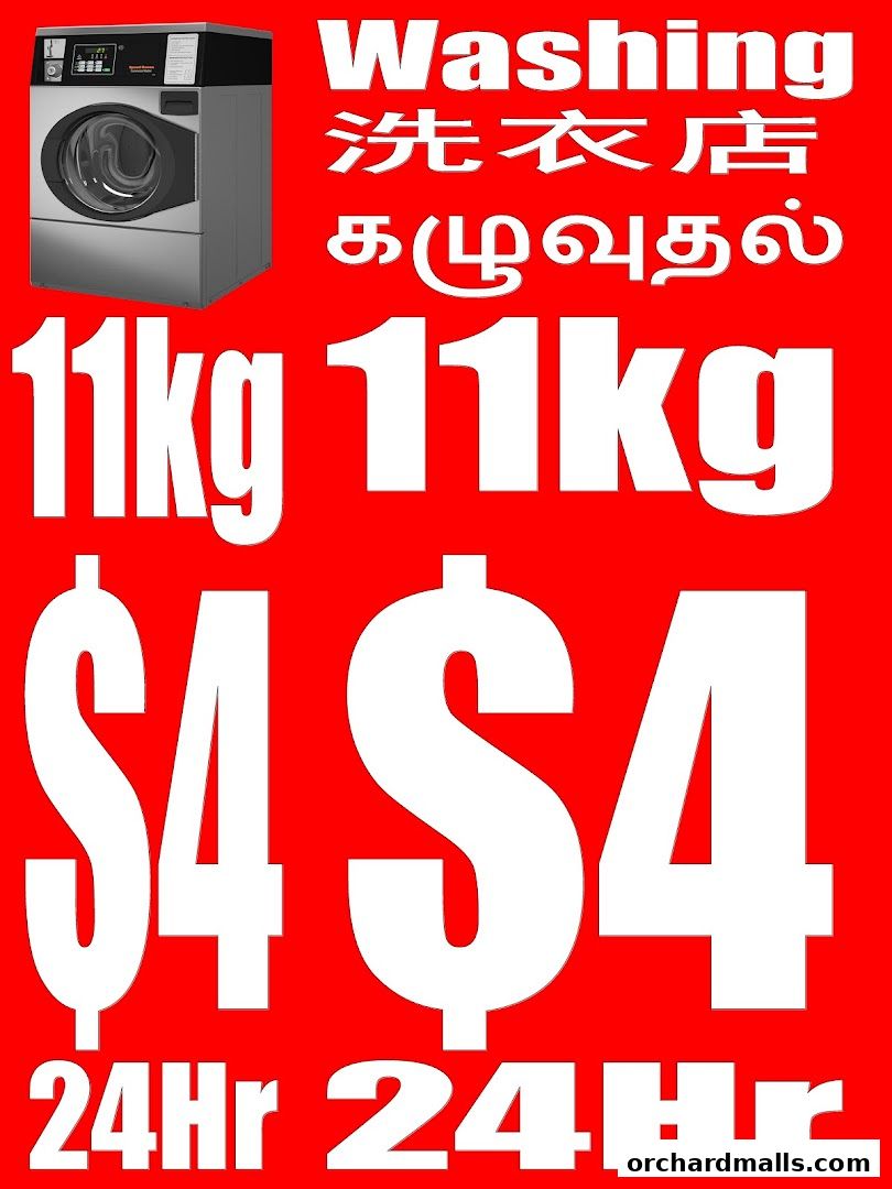 A sign for Orchard Laundromat Pte Ltd advertising 11kg washing services for $4, available 24 hours.