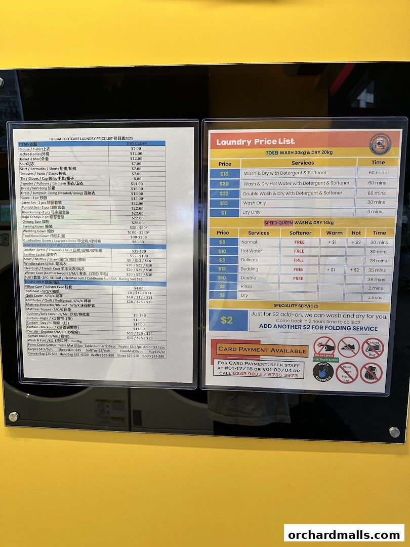 Price lists for laundry services, including dry cleaning and wash & dry options.