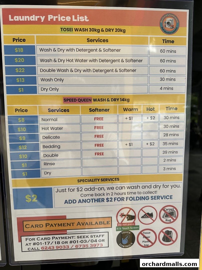A laundry price list showing services and prices for different washing machines.