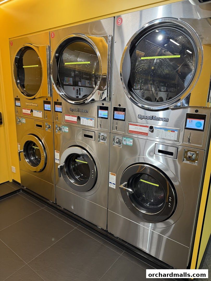 Modern laundromat with multiple Speed Queen washing and drying machines.