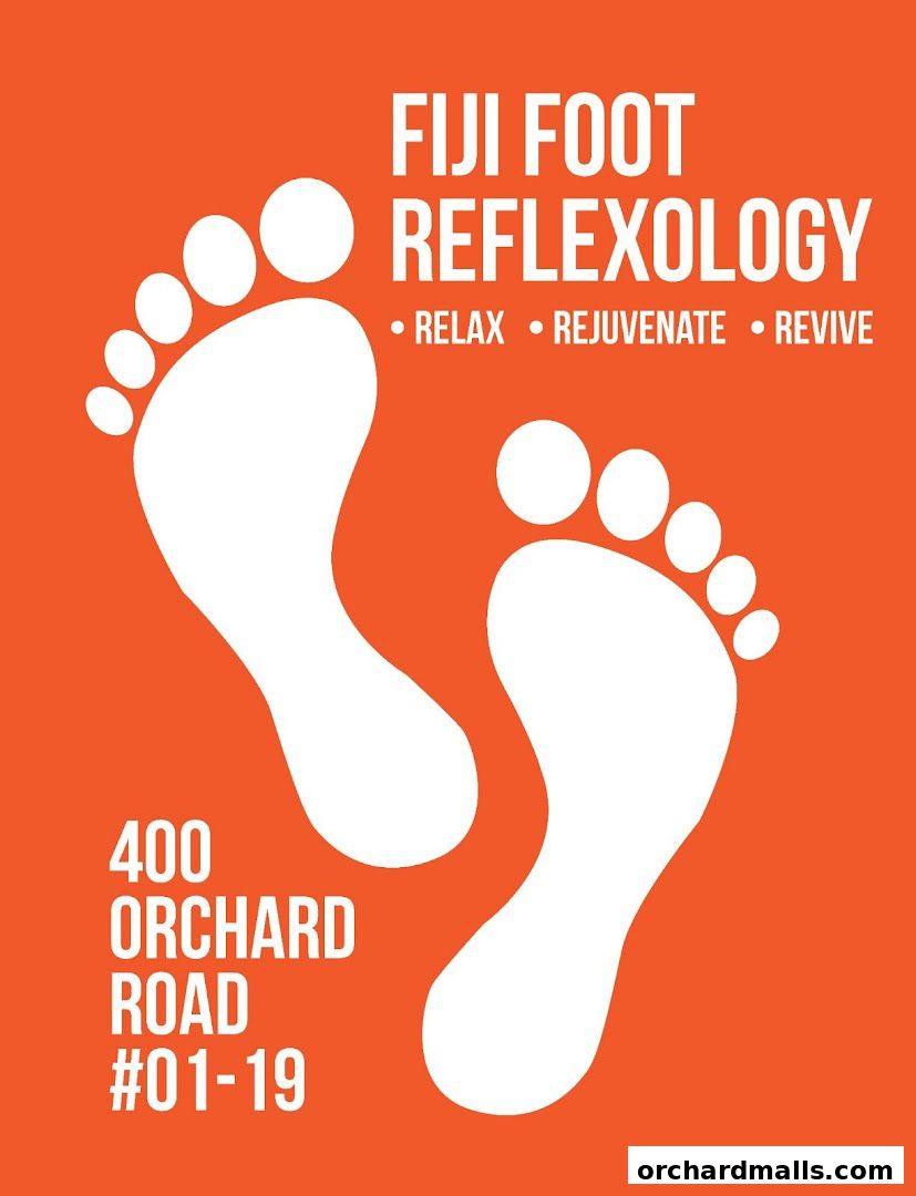 A graphic with white footprints and text for Fiji Foot Reflexology.