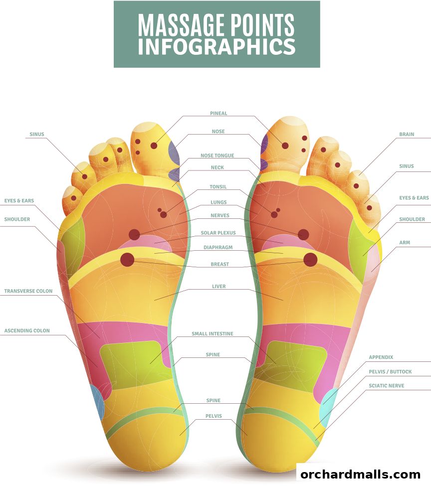 An infographic illustrating massage points on the soles of the feet.