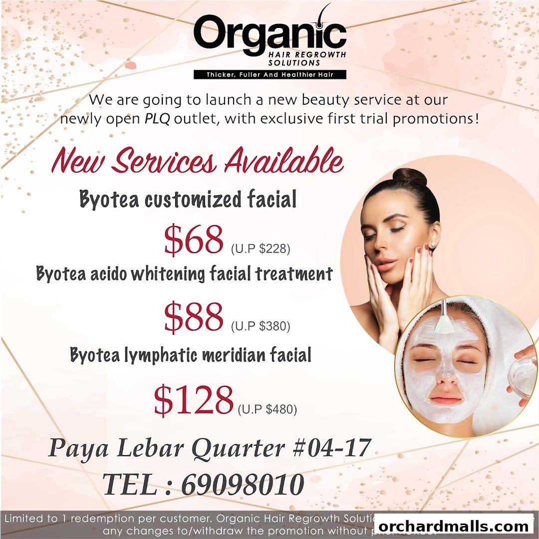Advertisement for new beauty services and promotions at Organic Hair Regrowth Solutions.