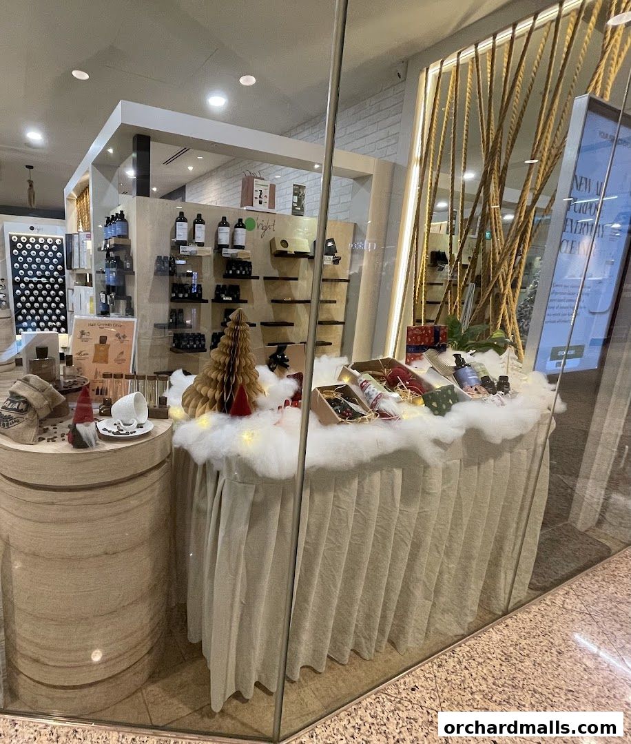 A shop window display featuring hair regrowth products and festive decorations.