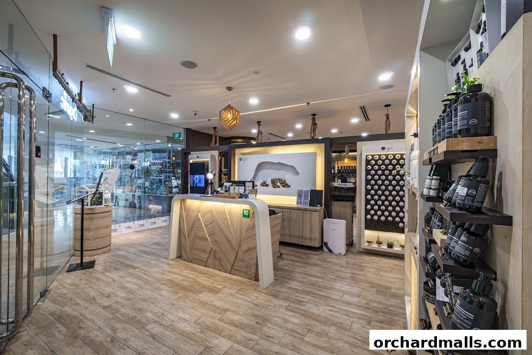 Interior view of Organic Hair Regrowth Solutions shop with products on display and a reception desk.