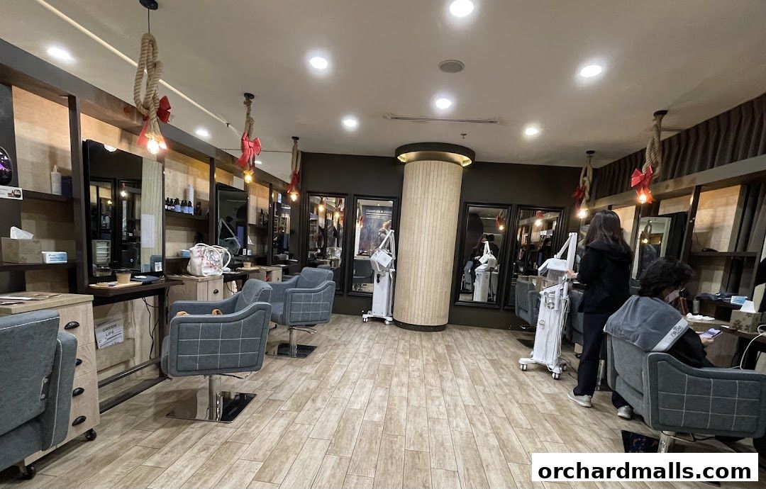 Interior view of a modern hair salon with styling chairs, mirrors, and equipment.