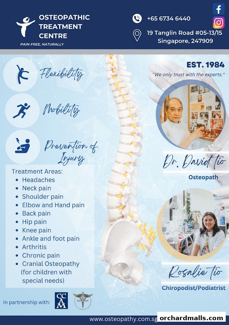 Osteopathic Treatment Centre flyer detailing services, practitioners, and contact information.