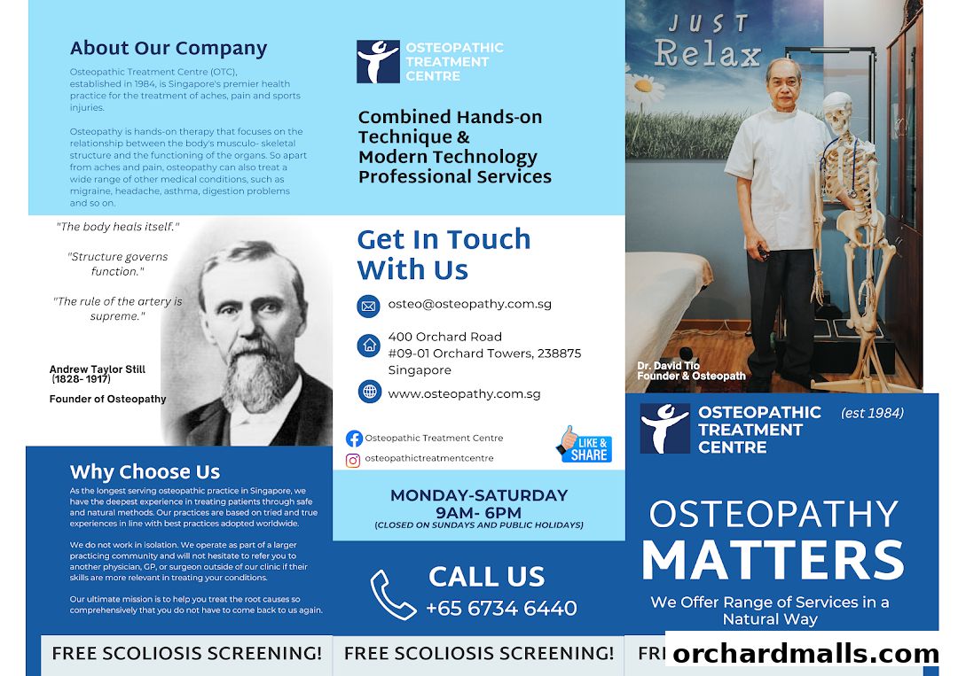 Brochure for Osteopathic Treatment Centre featuring company info, services, and contact details.