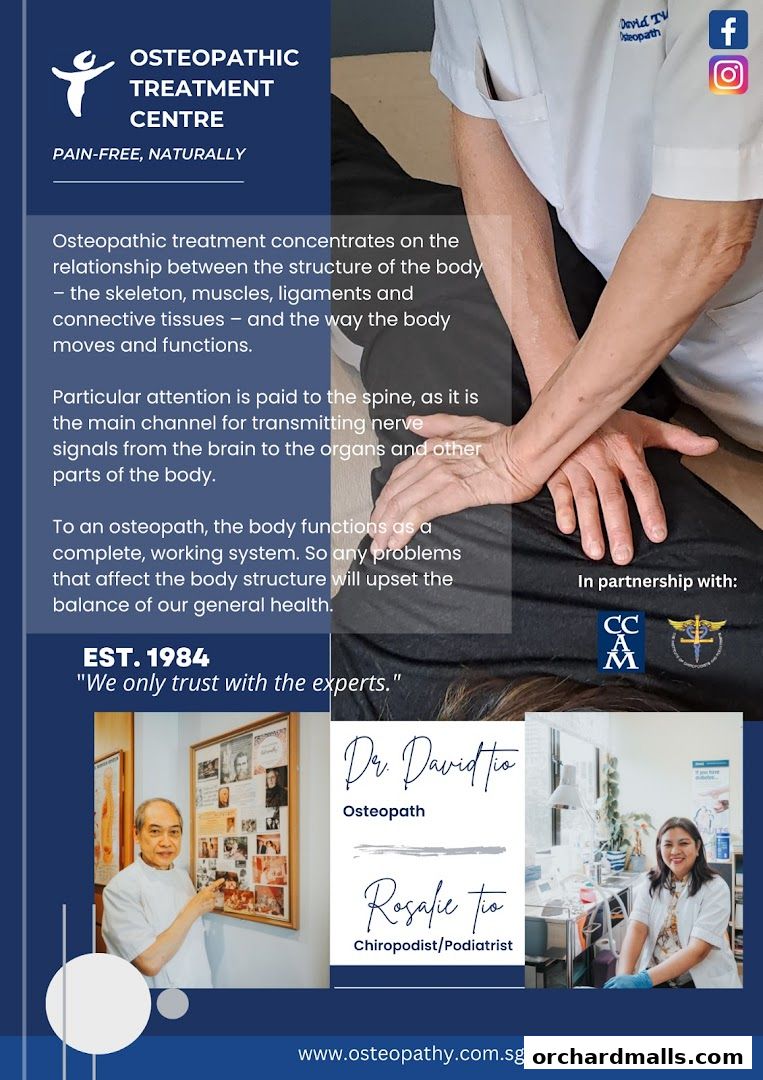 An informational flyer for Osteopathic Treatment Centre, showcasing practitioners and treatment philosophy.