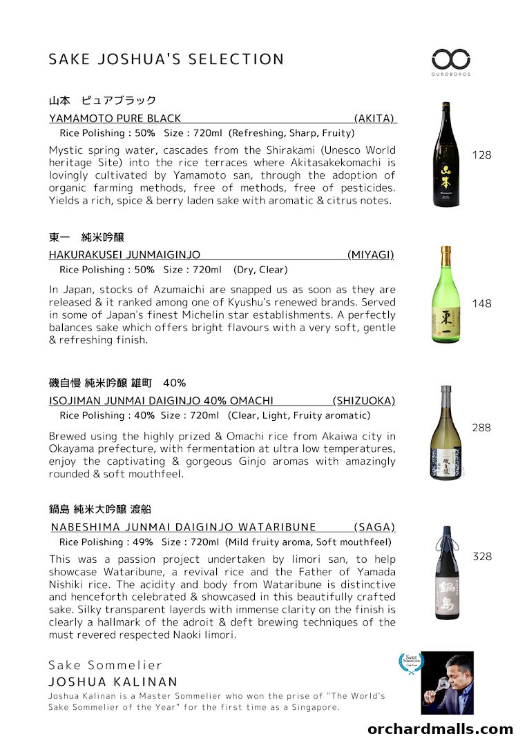 A curated selection of premium sake with detailed descriptions and prices.
