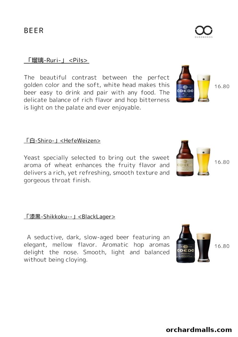 A menu page showcasing three types of beer with descriptions and prices.
