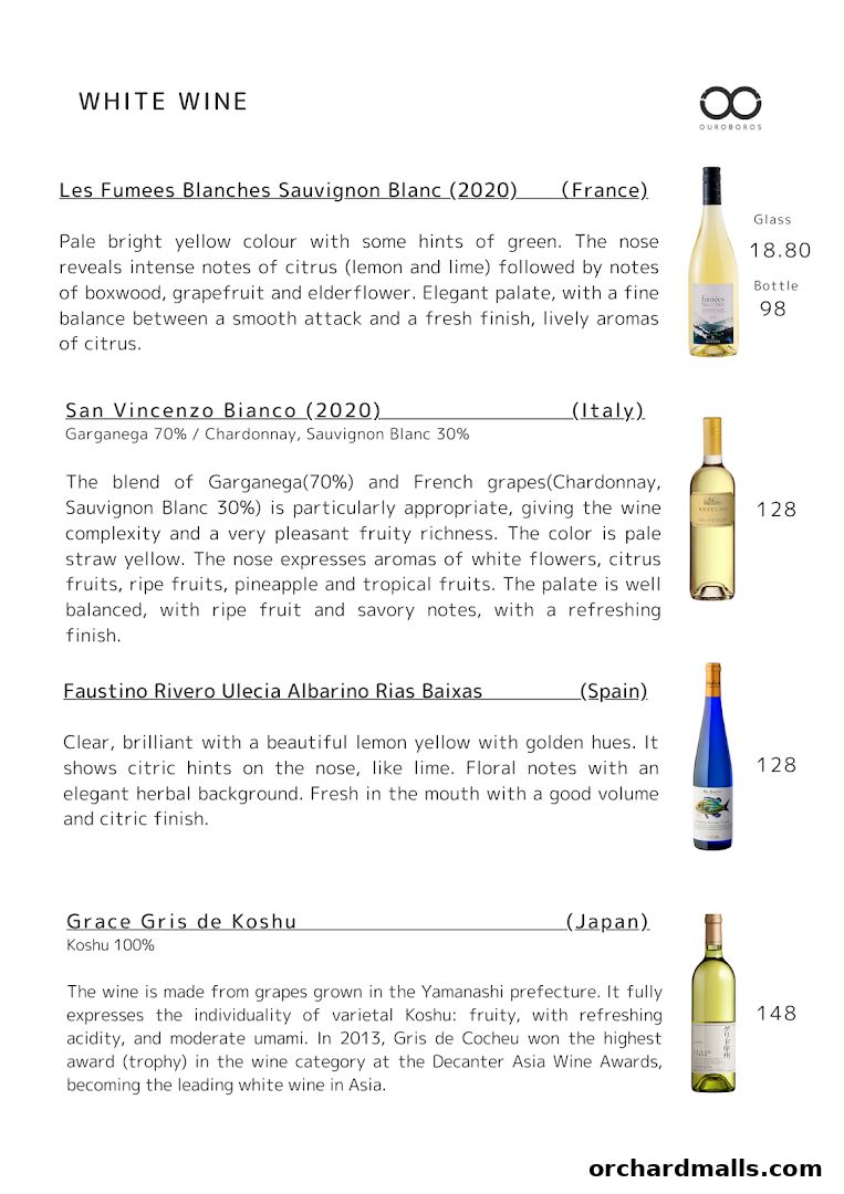 A menu page showcasing various white wines with descriptions and prices.