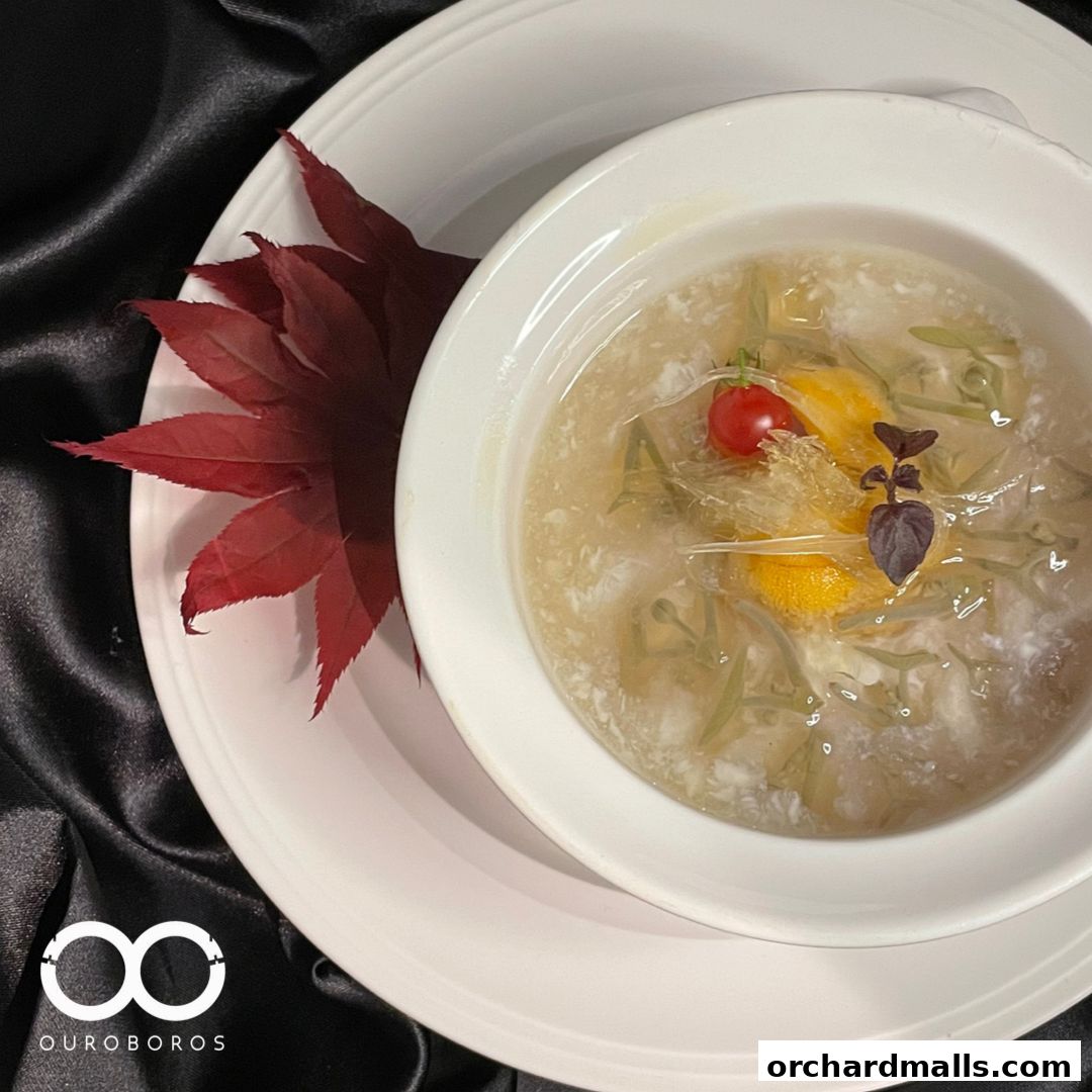 A delicate bowl of soup with garnishes, presented with a red leaf and black satin.