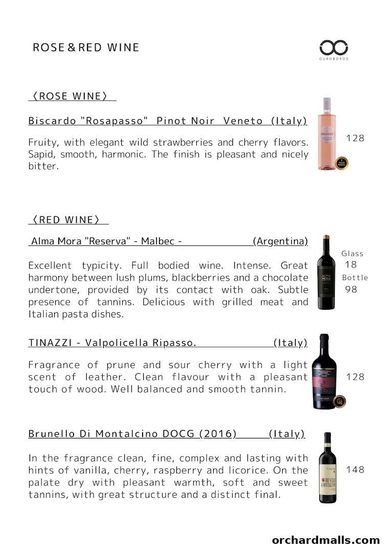 A menu featuring Rose and Red Wines with descriptions and prices.