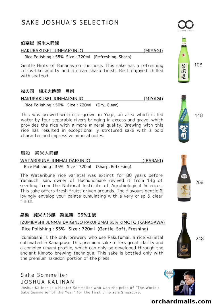 A curated selection of premium sake bottles with detailed descriptions and prices.