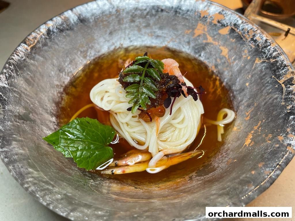 A delicate bowl of somen noodles with shrimp and garnishes in a savory broth.