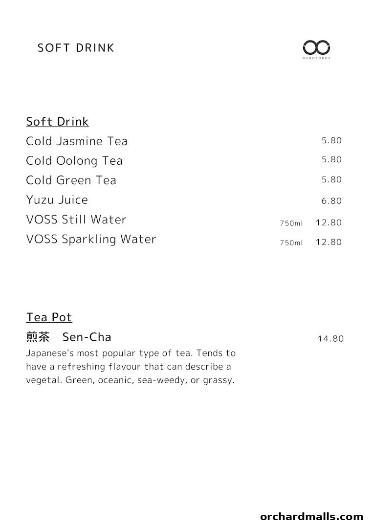 A menu from OUROBOROS - Tokyo Chinese - featuring soft drinks and tea.