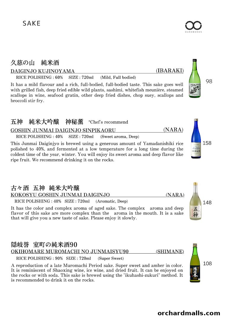 A menu page showcasing different types of sake with descriptions and prices.