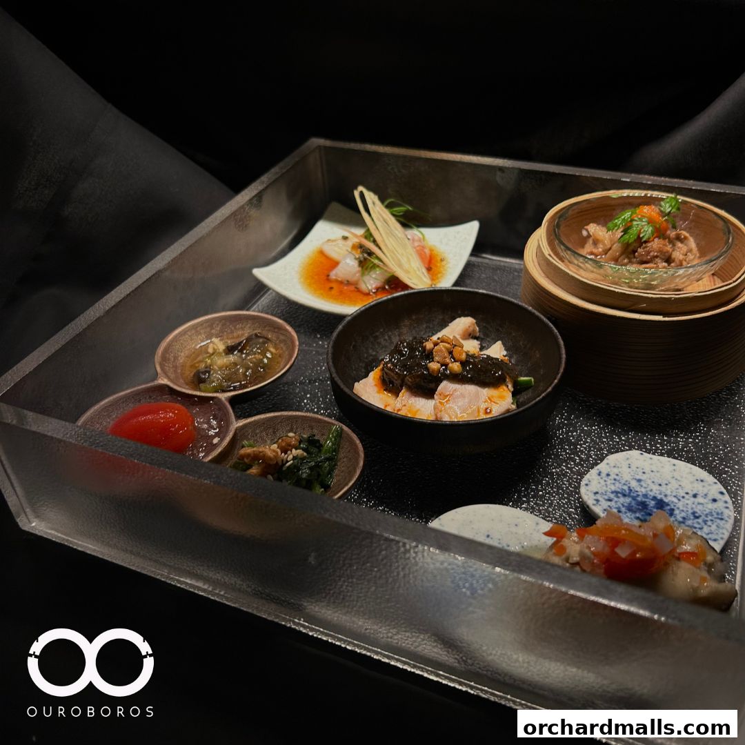 A tray of assorted small dishes, featuring various appetizers and main courses.