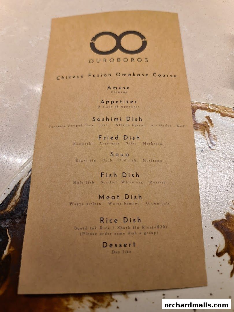 A menu for OUROBOROS Chinese Fusion Omakase Course.