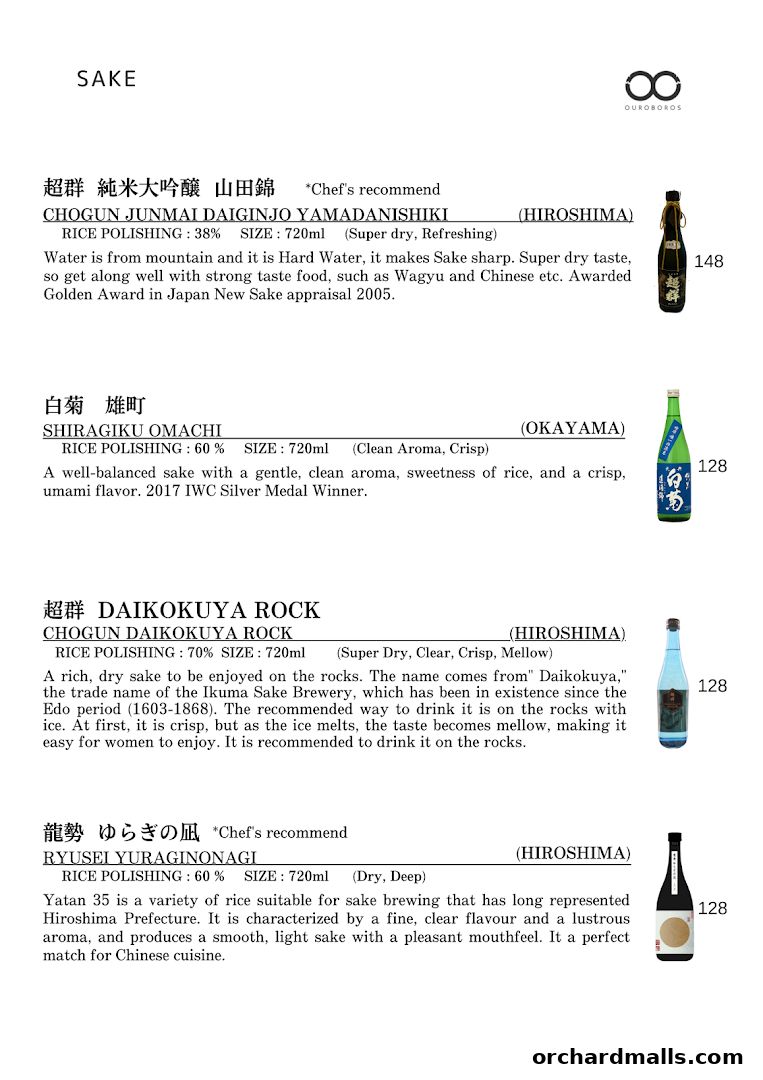 A menu page showcasing various types of Sake with descriptions and prices.