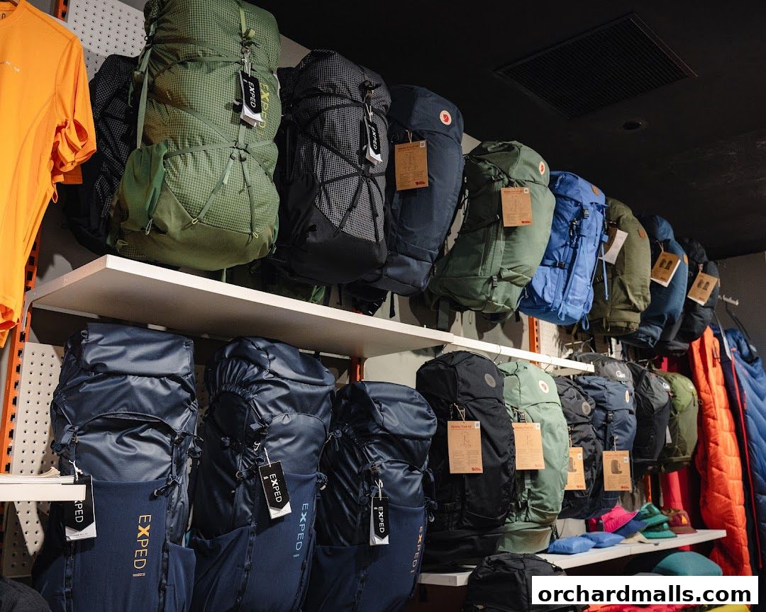 A wide selection of backpacks and outdoor gear displayed on shelves in a retail store.