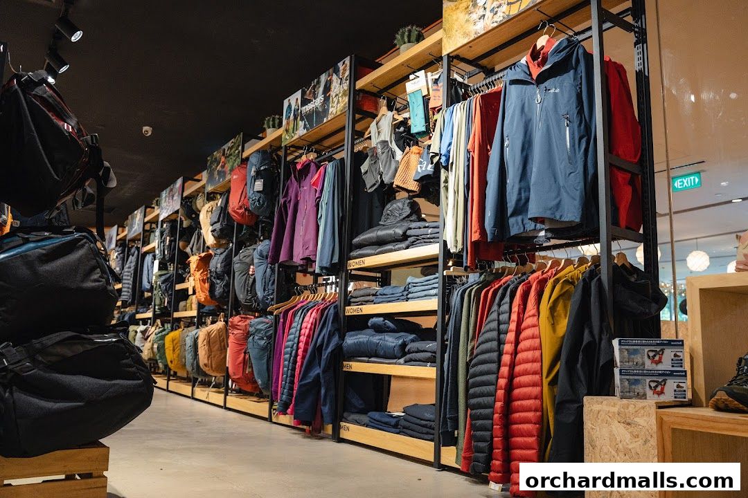 Interior view of an outdoor gear shop with racks of jackets, backpacks, and bags.