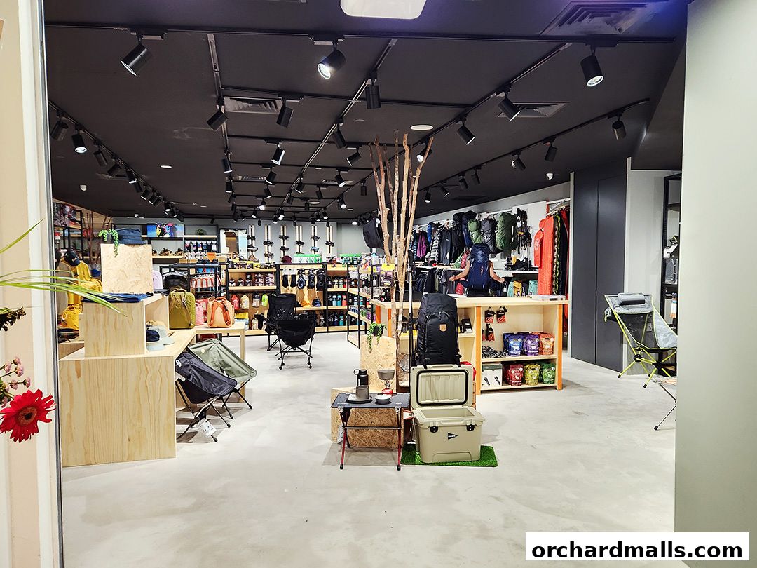 Interior view of an outdoor gear shop showcasing backpacks, camping chairs, and coolers.