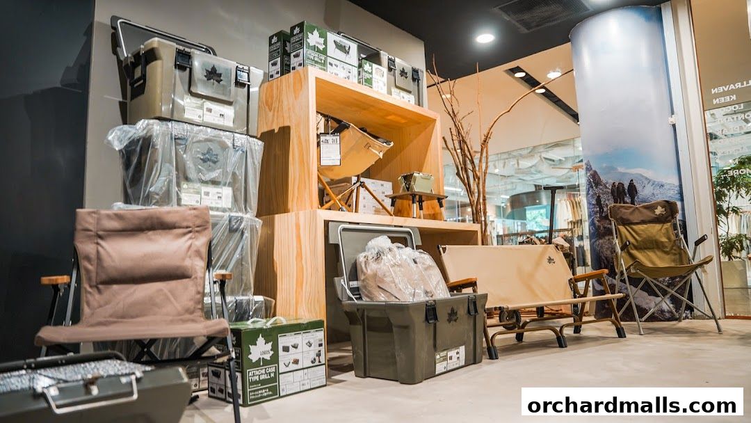 Outdoor gear shop interior featuring camping chairs, coolers, and storage boxes.