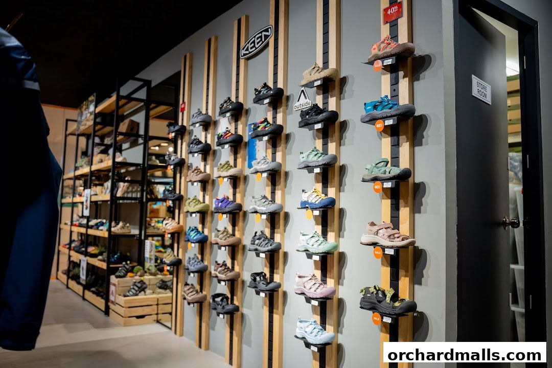 A wall display of various outdoor shoes and sandals from the Keen brand.