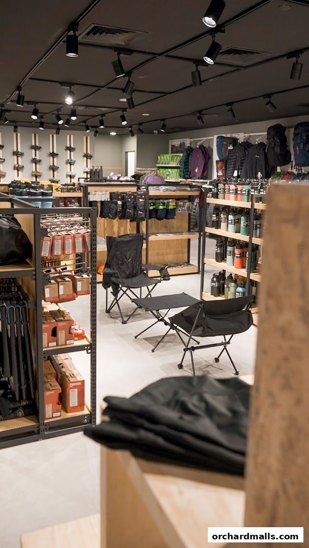 Interior view of an outdoor gear shop with camping chairs and merchandise on display.
