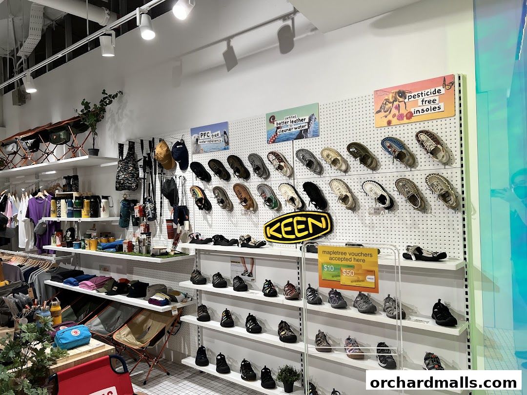 Interior view of an outdoor gear shop showcasing shoes, apparel, and camping equipment.