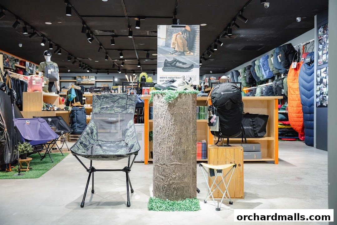 Interior view of an outdoor gear shop showcasing camping chairs, backpacks, and sleeping bags.