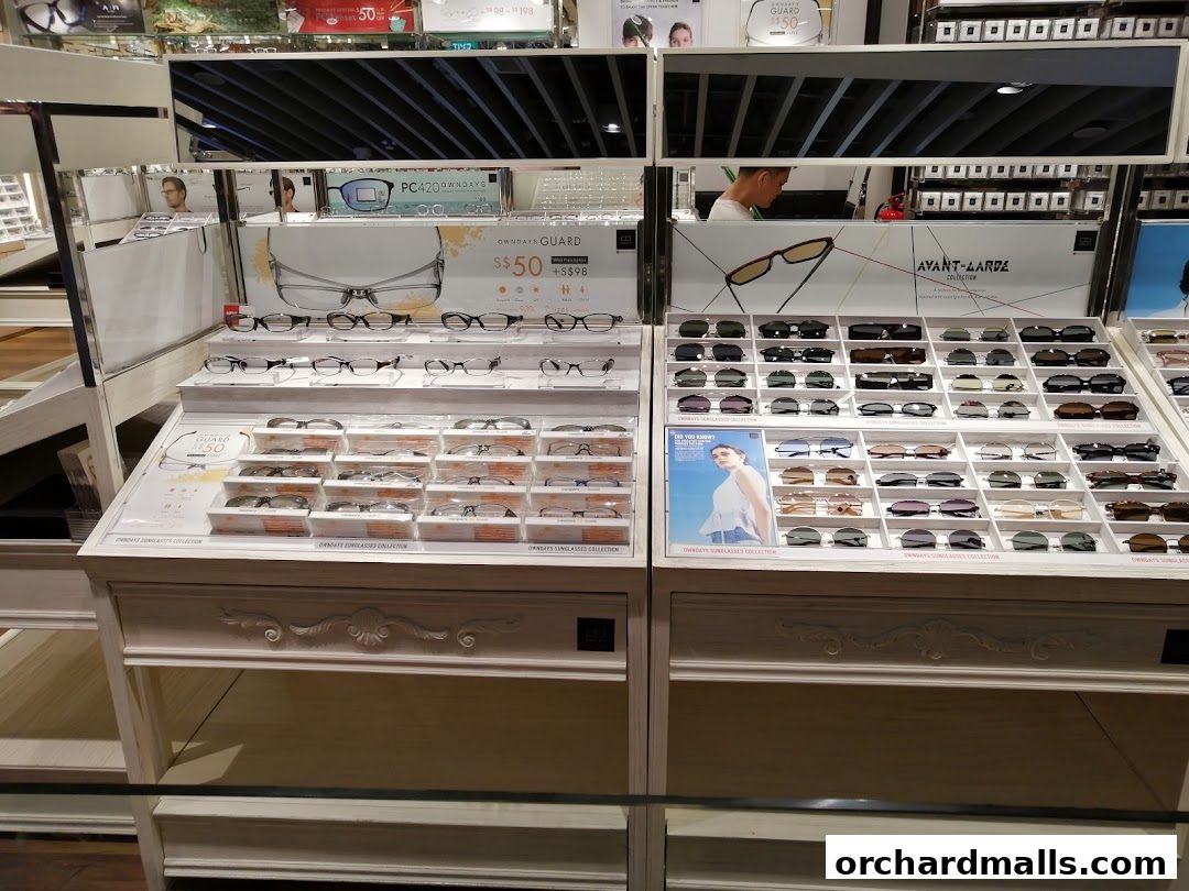 Display of various eyeglasses and sunglasses at OWNDAYS ION Orchard.