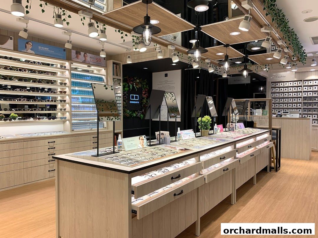 Interior of an eyewear shop with displays of glasses and a cashier counter.