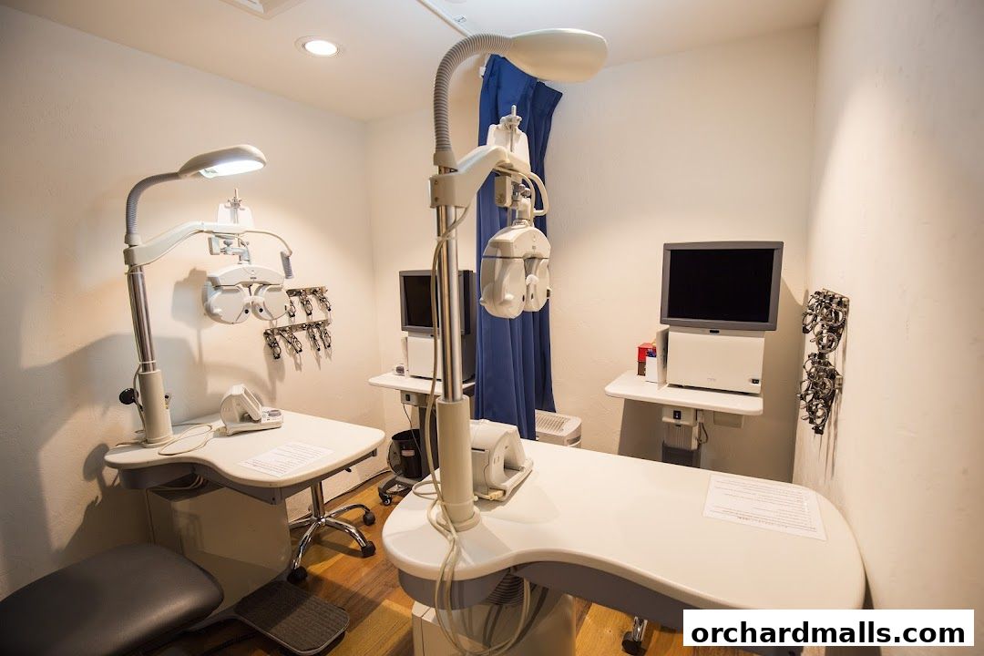 An eye examination room with specialized equipment for vision testing.