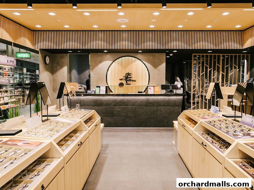 Interior view of an eyeglasses shop with displays of glasses and a modern reception counter.