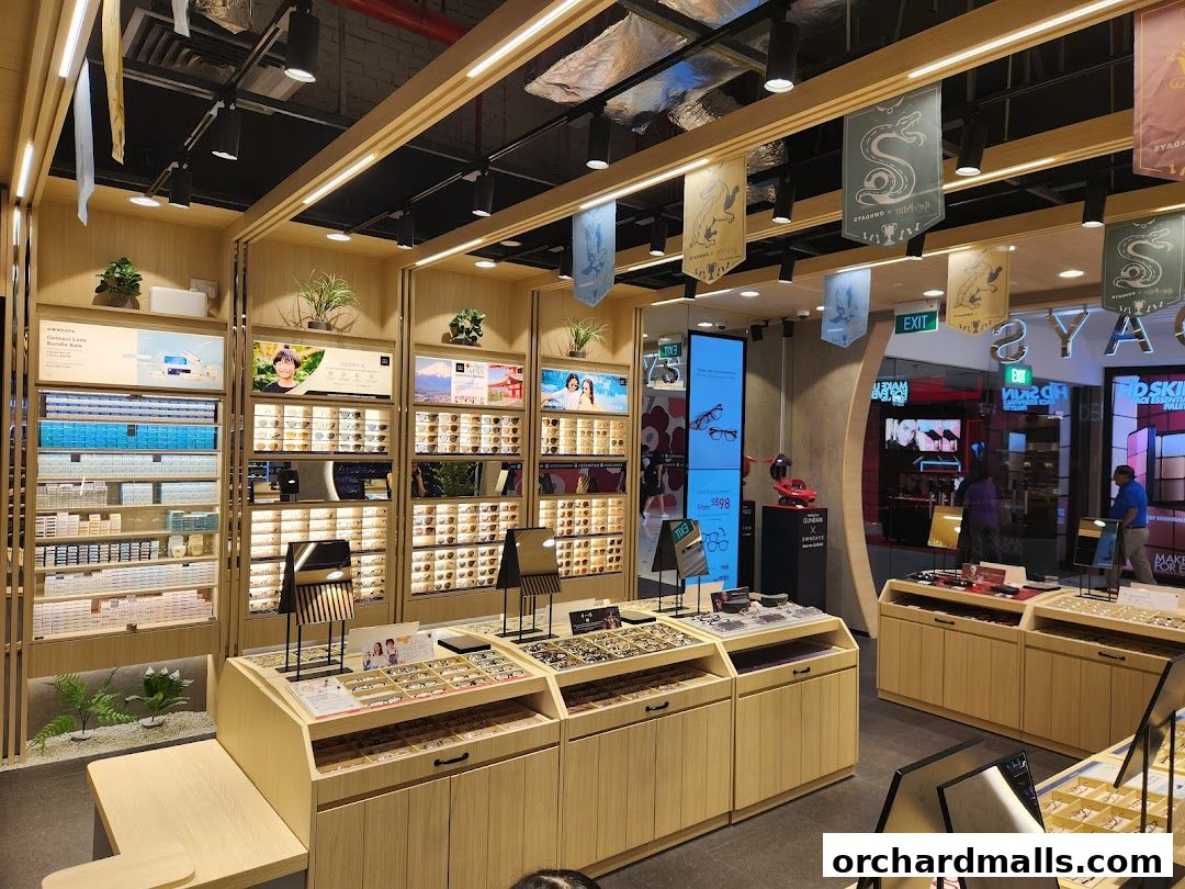 Interior view of an OWNDAYS optical shop showcasing eyewear and contact lenses.