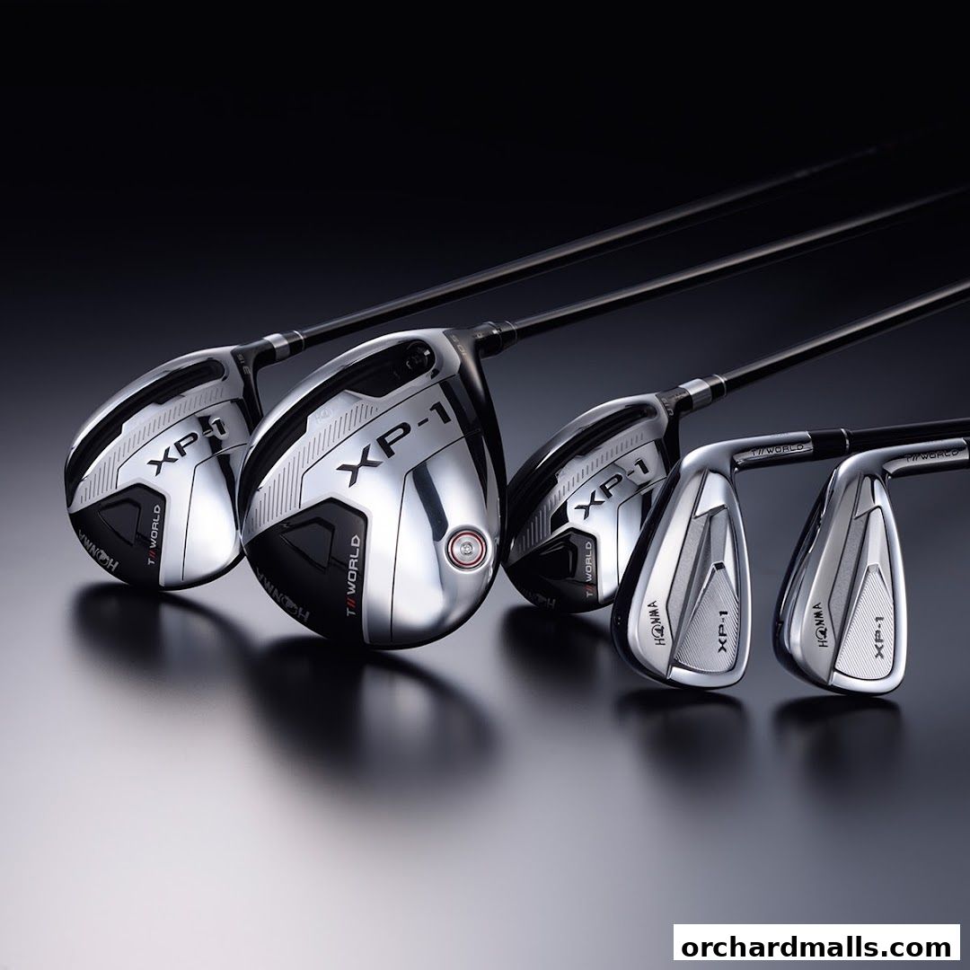 A set of Honma XP-1 golf clubs, including drivers and irons, displayed on a reflective surface.