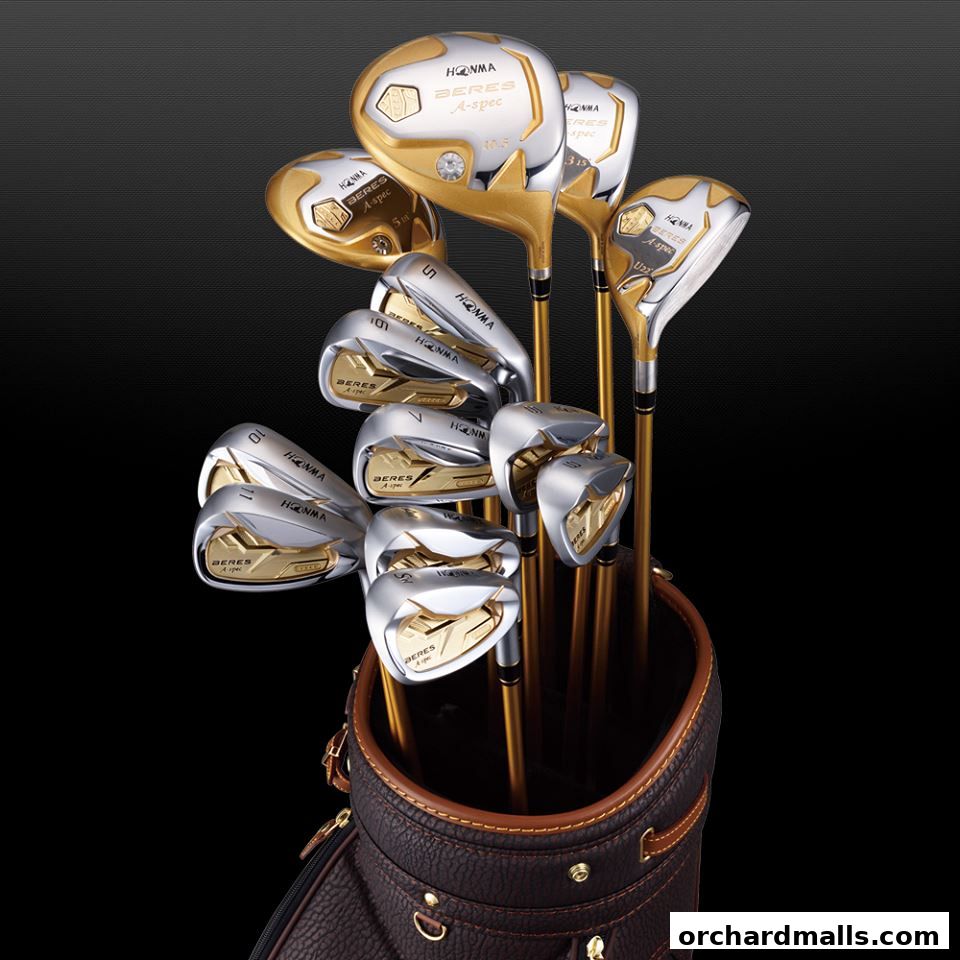 A set of premium gold and silver Honma Beres A-spec golf clubs in a brown leather bag.