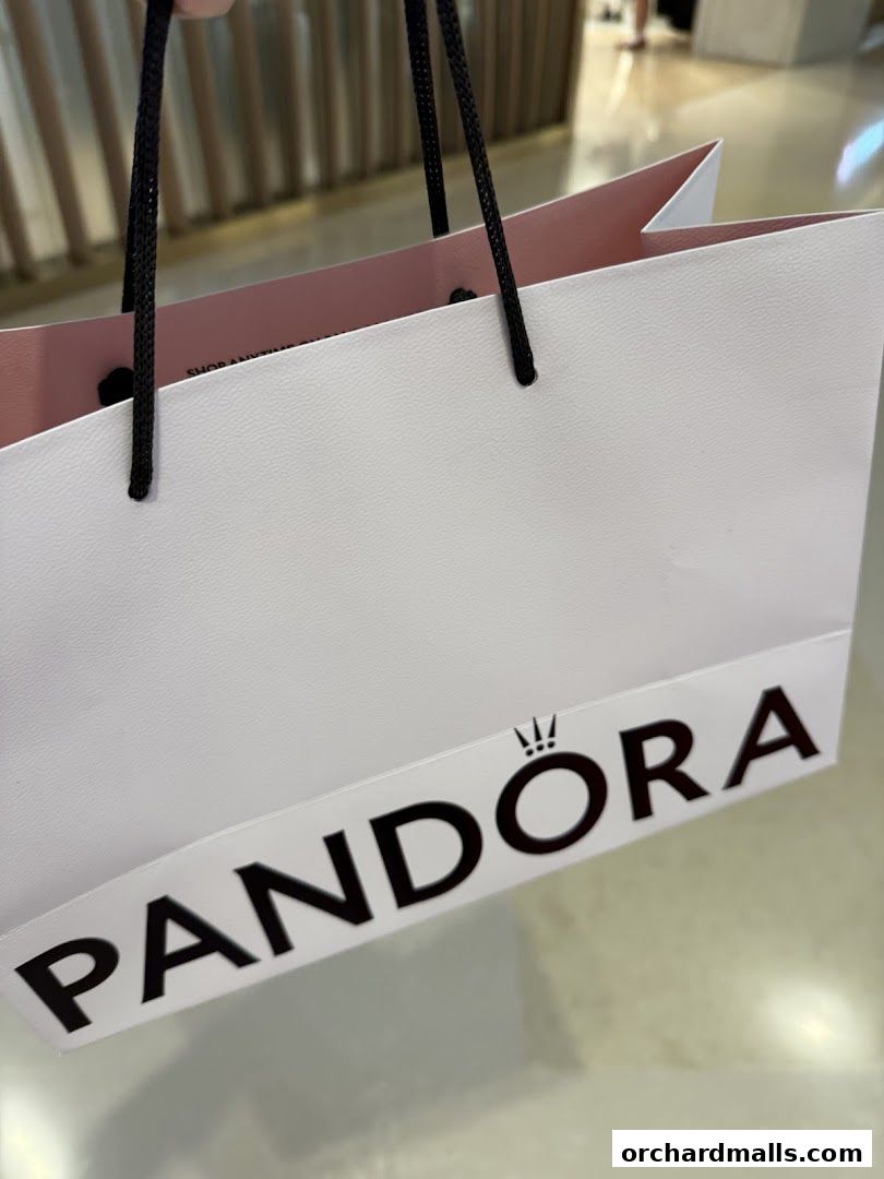 A white Pandora shopping bag with black handles and the Pandora logo.