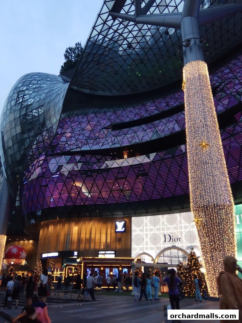 Exterior view of ION Orchard mall with Louis Vuitton and Dior stores, decorated for the holidays.