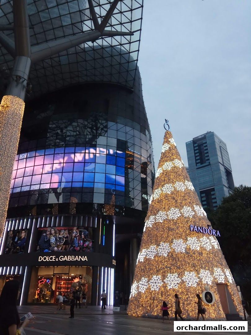 A festive Christmas tree with Pandora branding stands outside a shopping mall.