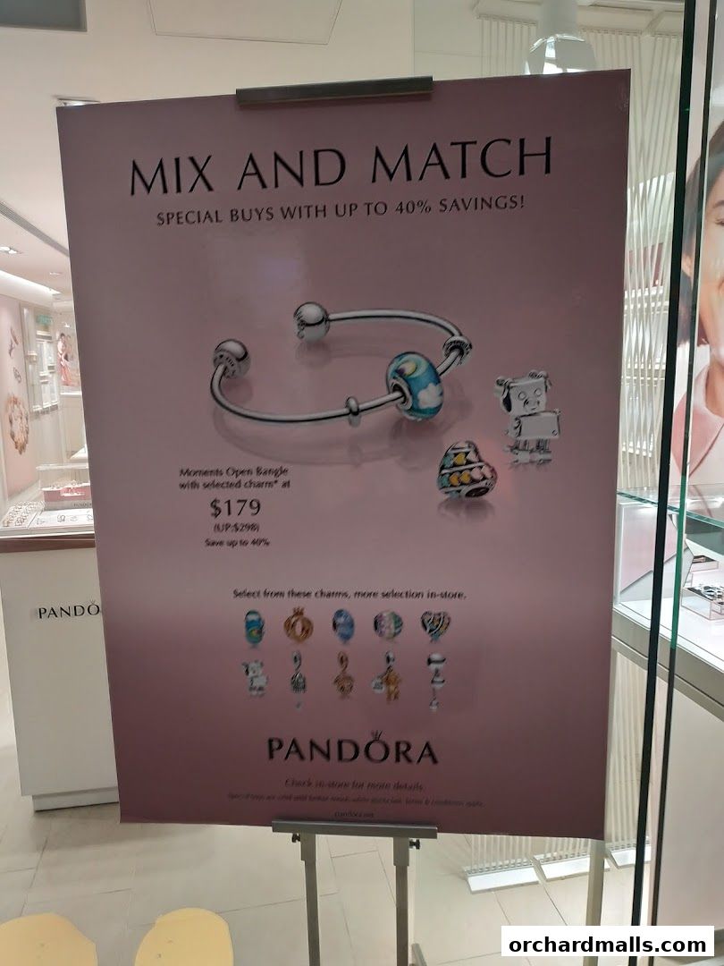 A promotional poster for Pandora featuring a bangle and charms with a mix and match offer.