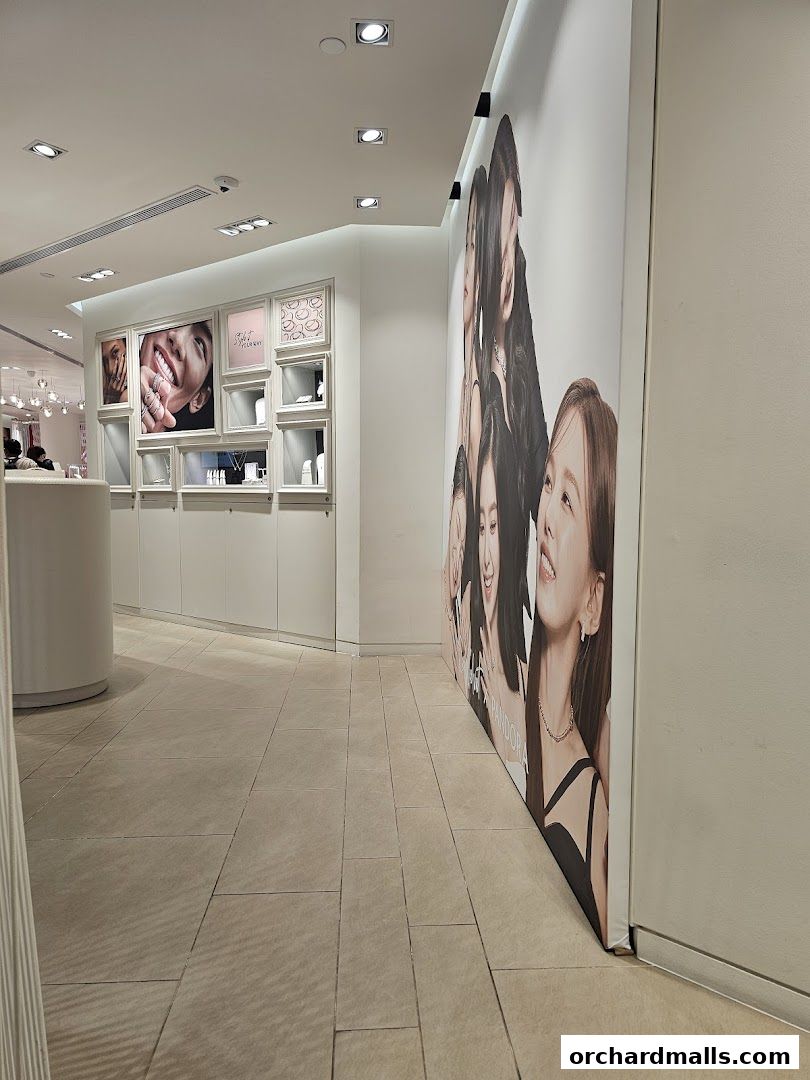 Interior view of a Pandora jewelry store with displays and a large promotional banner.