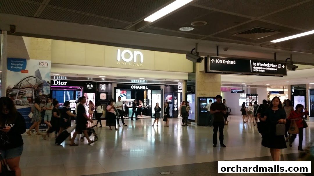 The ION Orchard shopping mall entrance with Dior and Chanel stores and shoppers.